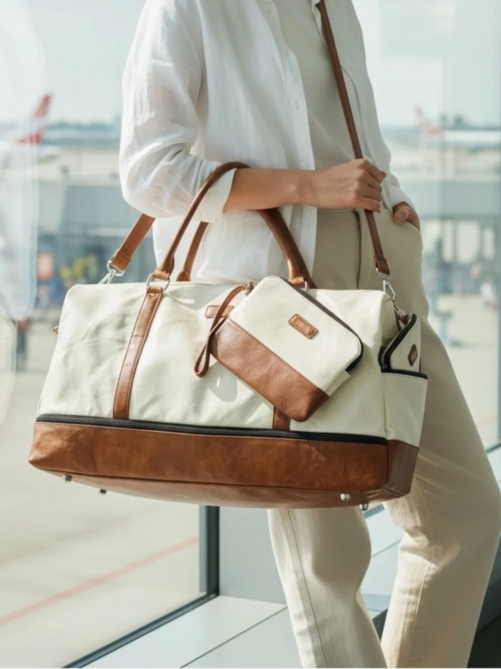 Travel Duffel Bag in Faux Brown - Cream Leather with Crossbody Pouch/ Coin Purse